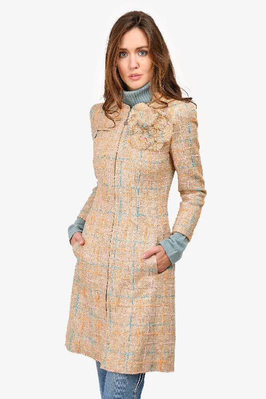 Women's Fashion Clothes Pre-Loved Chanel™ Spring 2001 Beige/Multicolour Tweed Mid Length Coat with Camellia Brooch Size 40