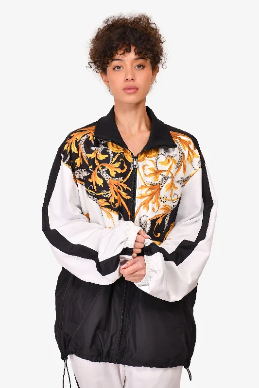 Women's Date Night Outfit Versace Black/White Baroque Printed Nylon Zip-Up Windbreaker Jacket Size 52 Mens