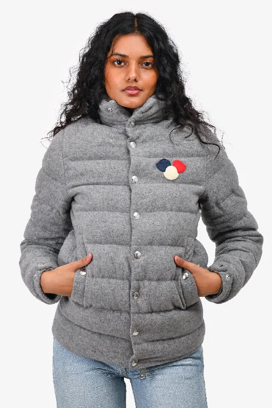 Women's Holiday Clothing Moncler Grey Wool Breval Guibbotto Zip Up Down Jacket Size 1 (As Is)