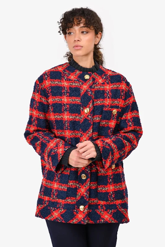 Modern Women's Clothes Gucci Navy/Red Wool Blended Checked Tweed Jacket Size 42