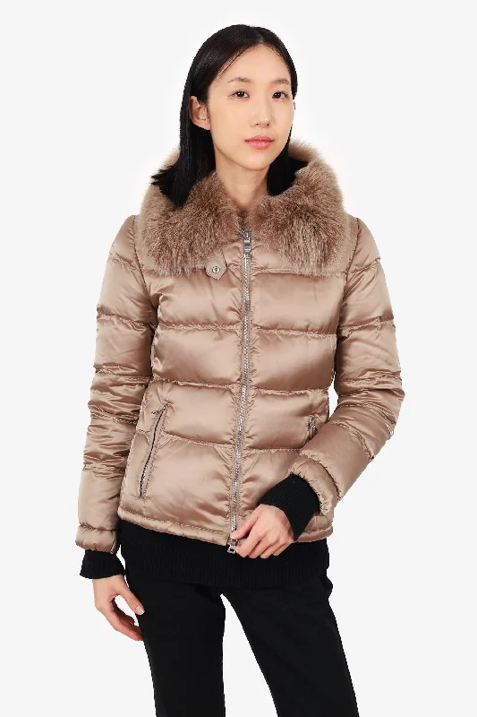 Women's Luxury Garments Prada Sport Iridescent Brown Fox Fur Collar Down Jacket Size 42