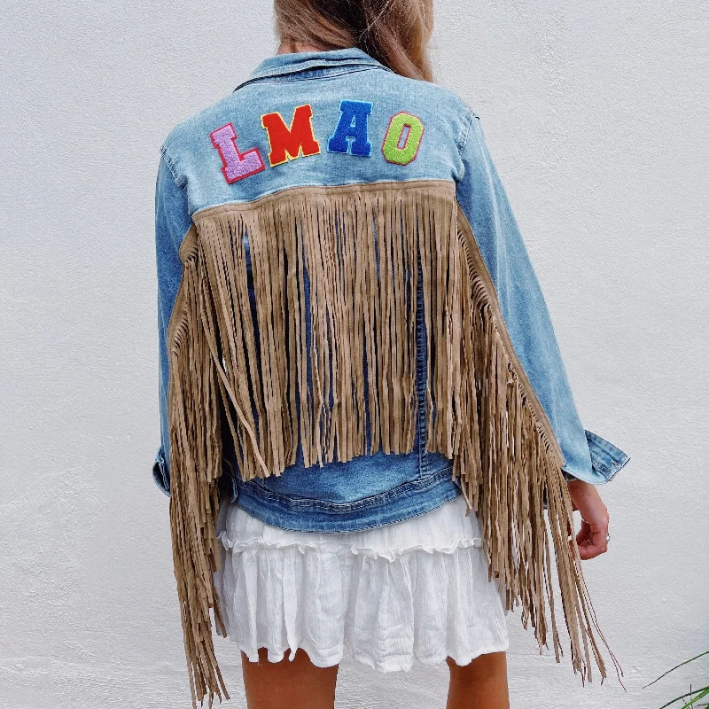 Women's Stylish Casual Garments LMAO Denim Fringe Jacket