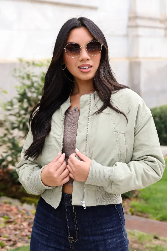 Best Fashion Deals Of The Season – Upgrade Your Style FINAL SALE - Cool Impulse Light Olive Cropped Bomber Jacket