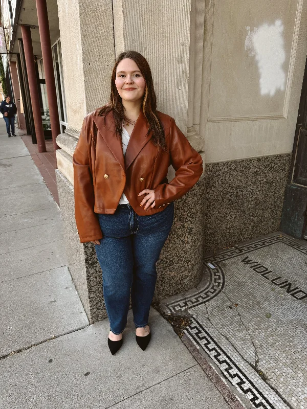 Women's Clothes And Apparel Sets Brown Leather Antique Button Crop Jacket