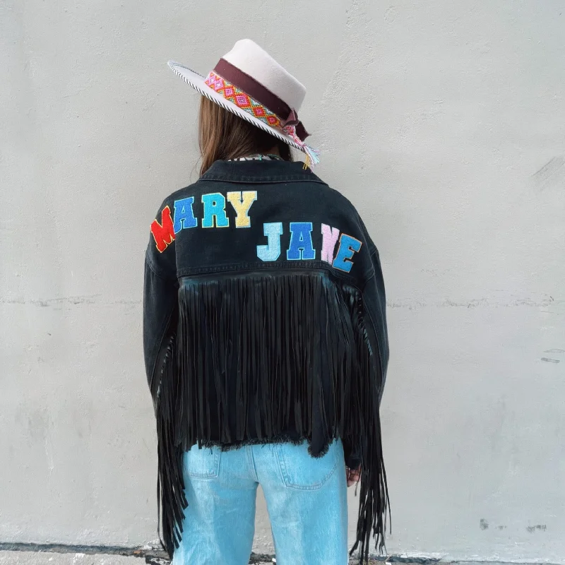 Women's Seasonal Apparel Black Mary Jane Fringe Denim Jacket