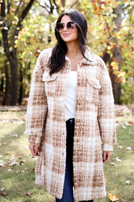 Seasonal Clearance Sale – Big Savings On Trendy Looks FINAL SALE - Modern Coziness Taupe Plaid Teddy Jacket