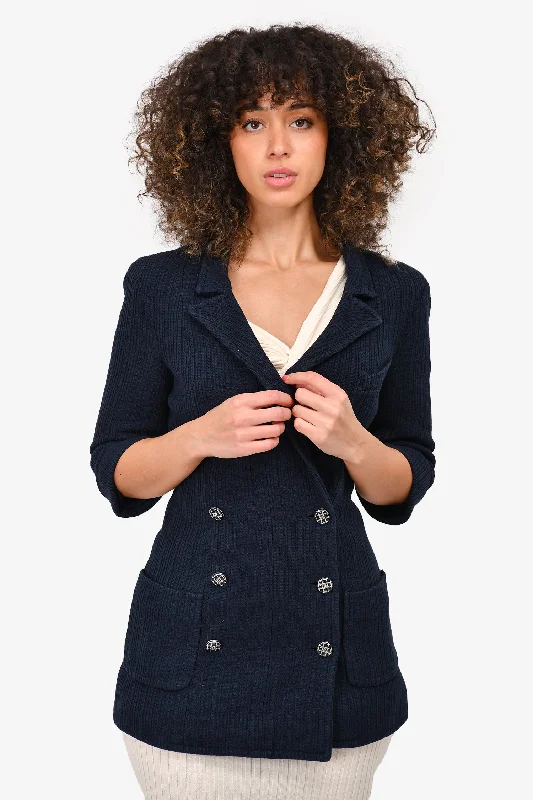 Women's Casual Apparel For Weekends Pre-Loved Chanel™ 2013 Navy Pleated Double Breasted Blazer Jacket Size 38