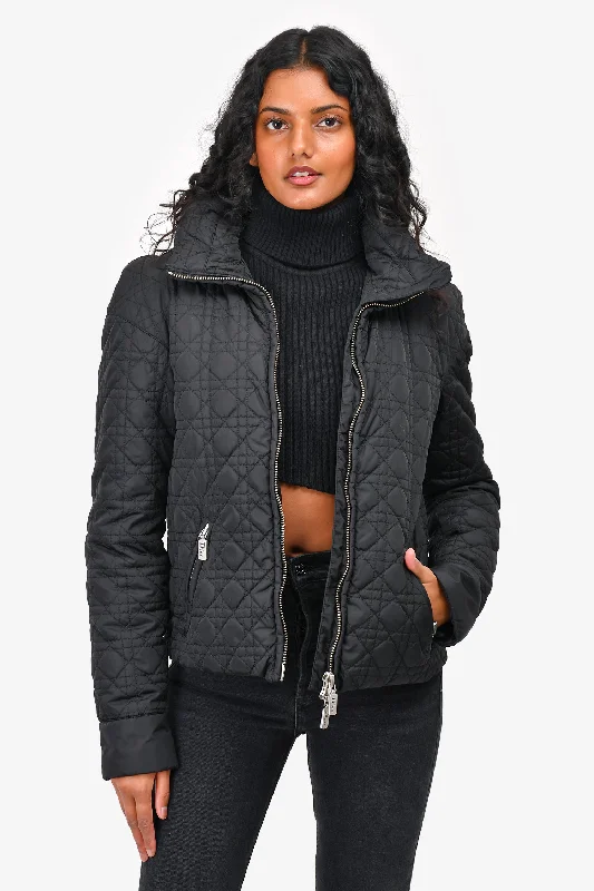 Women's Chic Outerwear Garments Christian Dior Black Cannage Quilted Zip-Up Jacket with Hidden Hood Size 8 US