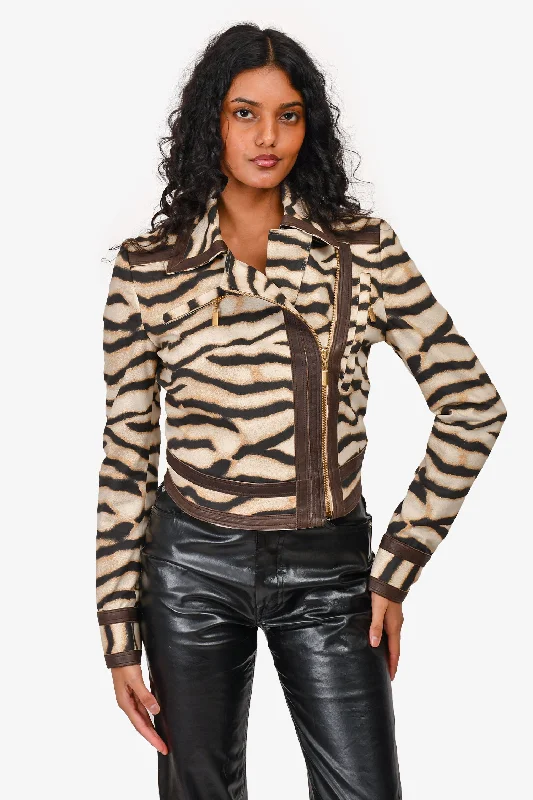 Women's Work Outfit Roberto Cavalli Brown Zebra Printed Leather Trim Biker Jacket Size 38