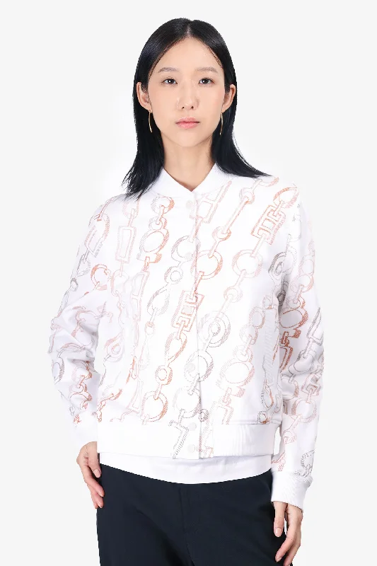 Women's Clothes For Work Events Hermes White/Brown Horsebit Printed Bomber Jacket Size 42