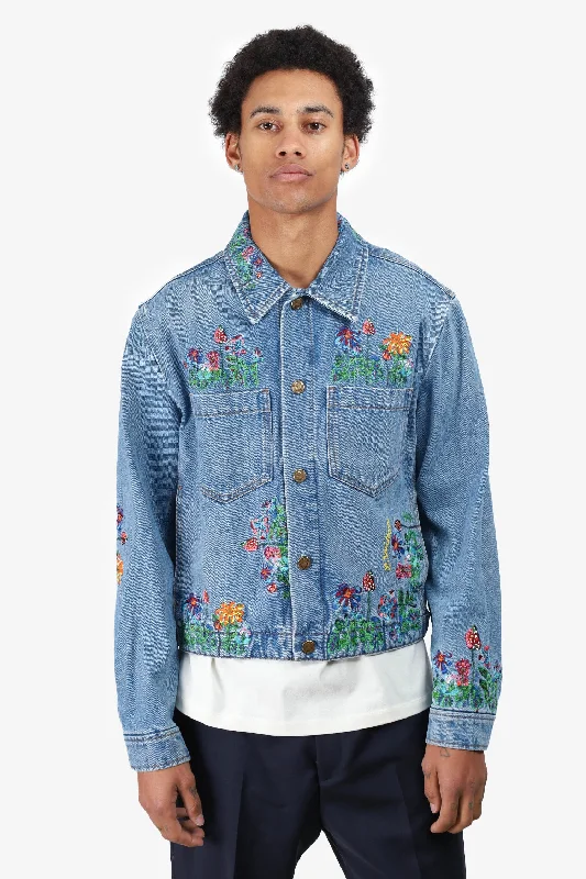 Women's Occasion Wear Apparel Louis Vuitton Blue Floral Embroidered Denim Jacket Size 46 Mens