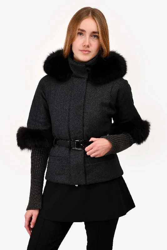 Fashion Sale Live Now – Upgrade Your Style For Less Christian Dior Grey Wool Fox Fur Trimmed Belted Jacket Size 2