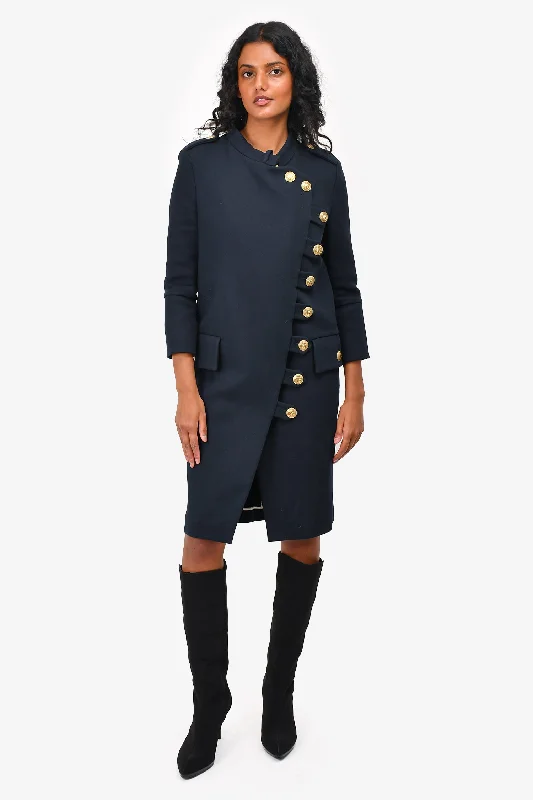 Women's Casual Outfit Pierre Balmain Navy Cotton Gold Buttoned Coat Size 34