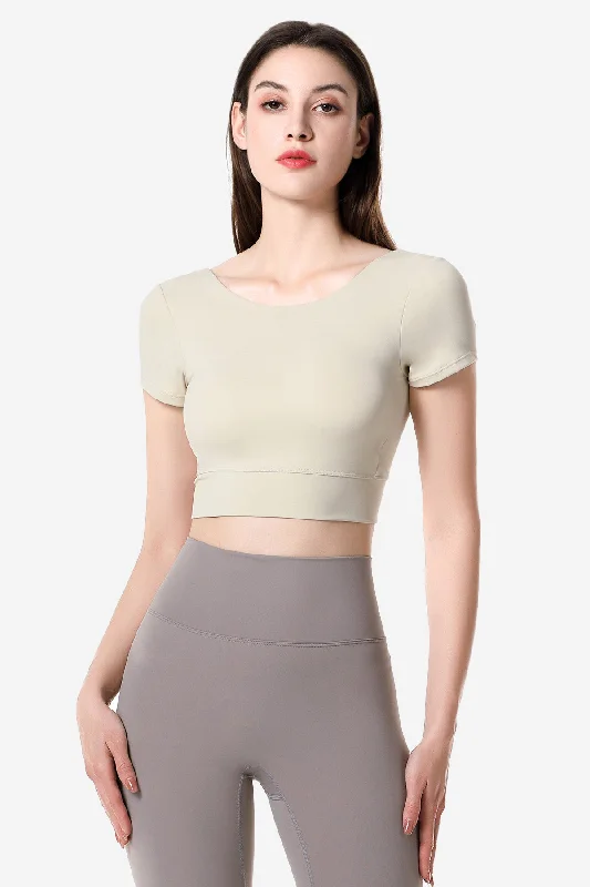 Casual Chic Women's Clothes Short Sleeve Cropped Tops Built-in Bra