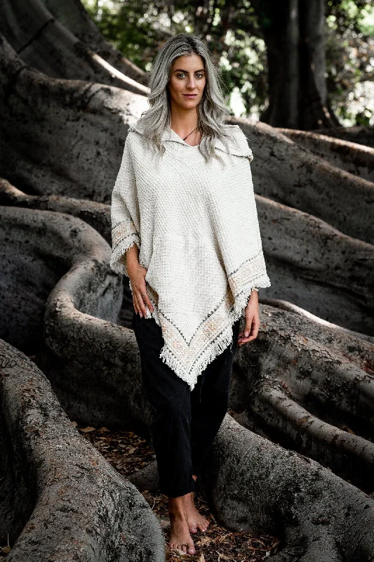 Style Beyond Borders VECHO Beige Womens Hooded Vegan Poncho Textured Cotton with Hood Block Printed Tribal Pattern Gypsy Festival Boho ceremony ritual AJJAYA