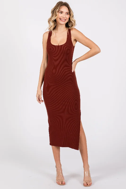 Women's Vintage-Inspired Clothing Dark Rust Ribbed Knit Sleeveless Side Slit Dress