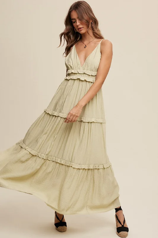 Formal Outfit For Women Light Olive Striped Ruffle Tiered Maxi Dress