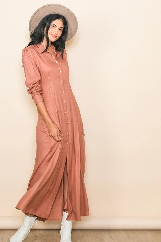 Women's Vacation Outfit Rust Collared Button Down Long Sleeve Maxi Dress