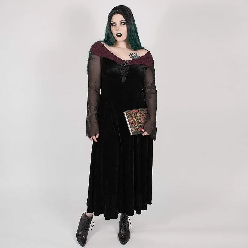 Women's Sporty Chic Clothes Women's Plus Size Gothic Black Velvet Midi Dress with Net Sleeves and Scarlet Collar