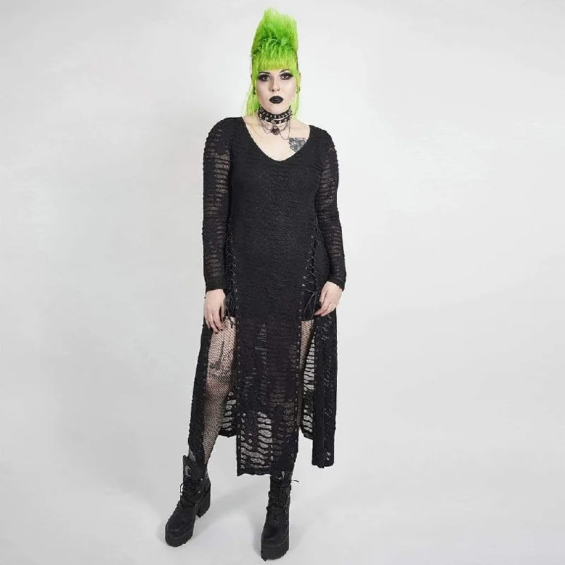 Vintage Clothing For Women Women's Plus Size Gothic Full Sleeved Net Midi Dress with Slits