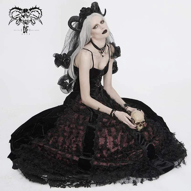 Women's Holiday Outfit Women's Vintage Gothic Wedding Dresses Black and Red Velvet and Lace Ankle Length Dresses