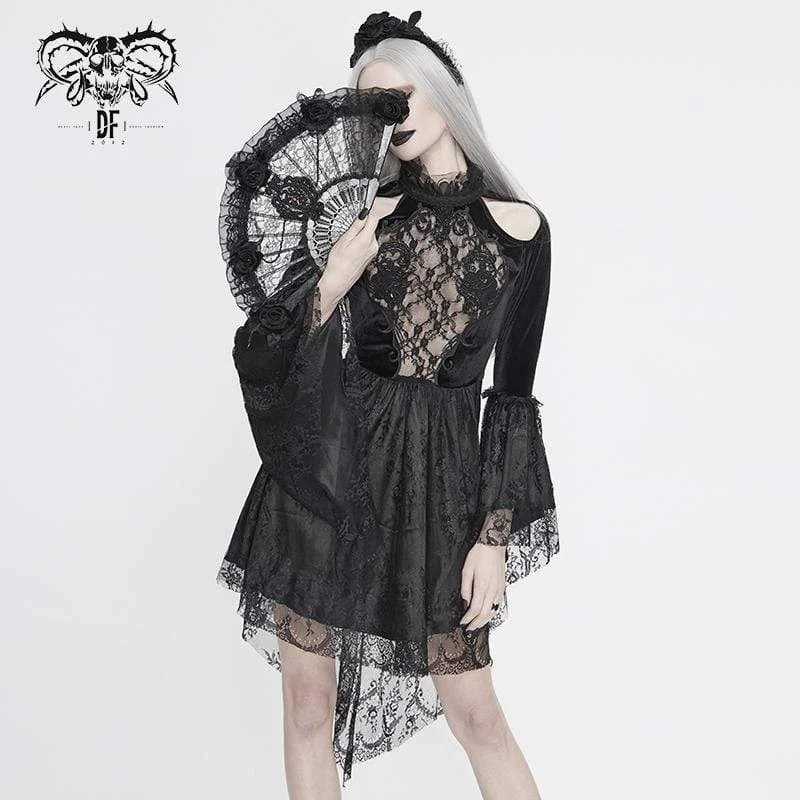 Women's Vacation Outfit Set Women's  Vintage Gothic Black Lace Over-lay Short Dress with Full Flared Sleeves Wedding Dress